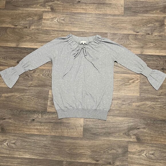 Ann Mashburn Tie Neck Ruffle Sleeve Sweater Gray Size Small Cotton Cashmere - Picture 2 of 5